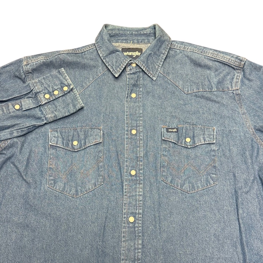 Vtg Wrangler Denim Western Shirt Mens XL Blue Pearl Snap Long Sleeve MS7011D